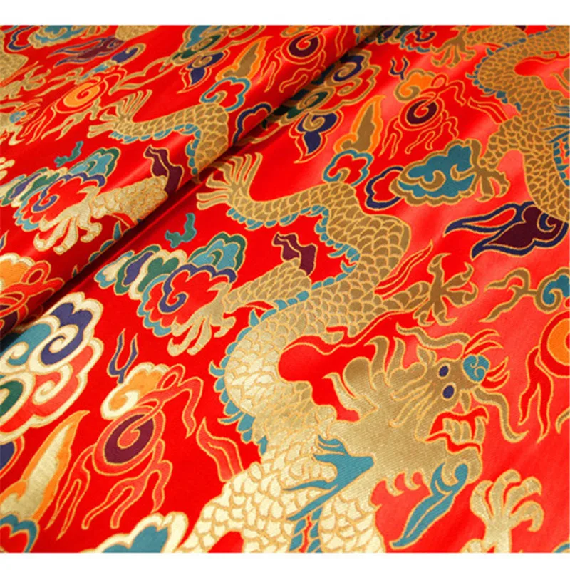 CF1136 Chinese Dragon Jacquard Silk Brocade Fabric, Red, Golden, Blue, Cheongsam Clothes, Dress, Jacket, DIY Sewing Silk Fabrics