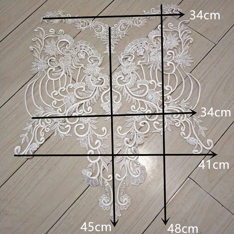 1Pc Long Clear Sequins Ivory Embroidery Body Lace Flower Patch Wedding Evening Dress Decorative Material Accessory