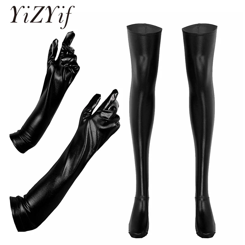 

Women Shiny Metallic Long Gloves with Stockings Patent Leather Wet Look Night Club Dancing Party Cosplay Fancy Ball Costume