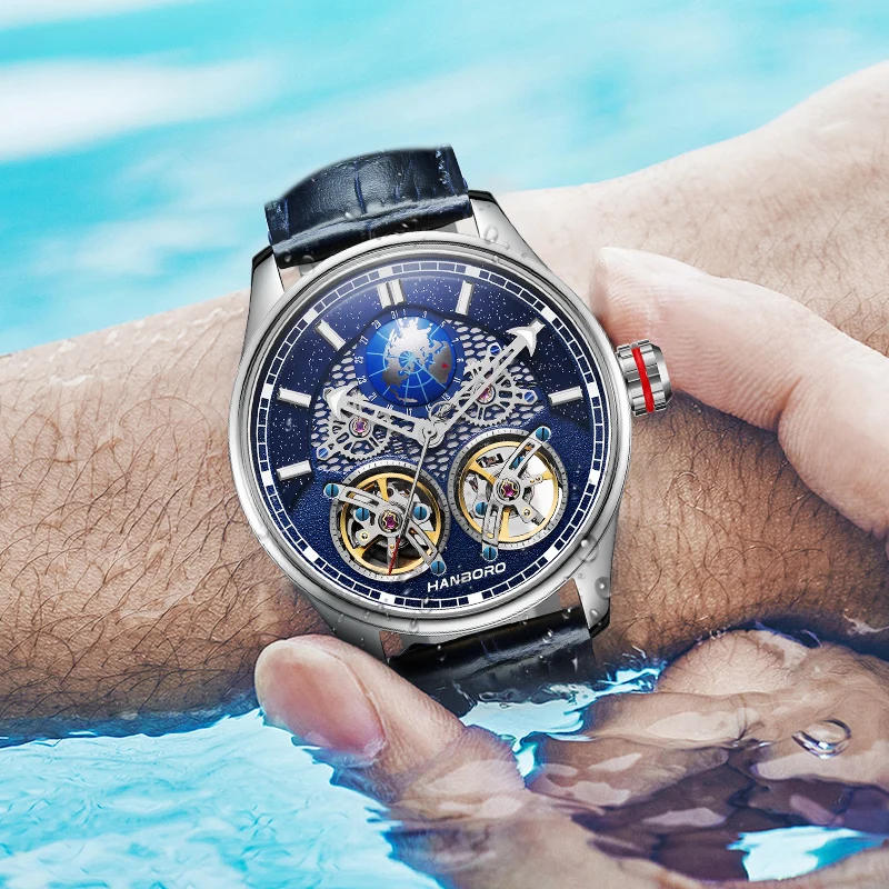 HANBORO Men Automatic Watch Mens Luxury Watches Waterproof Luminous Mechanical Wristwatch Hollout Out Dial Fly Wheel Movement