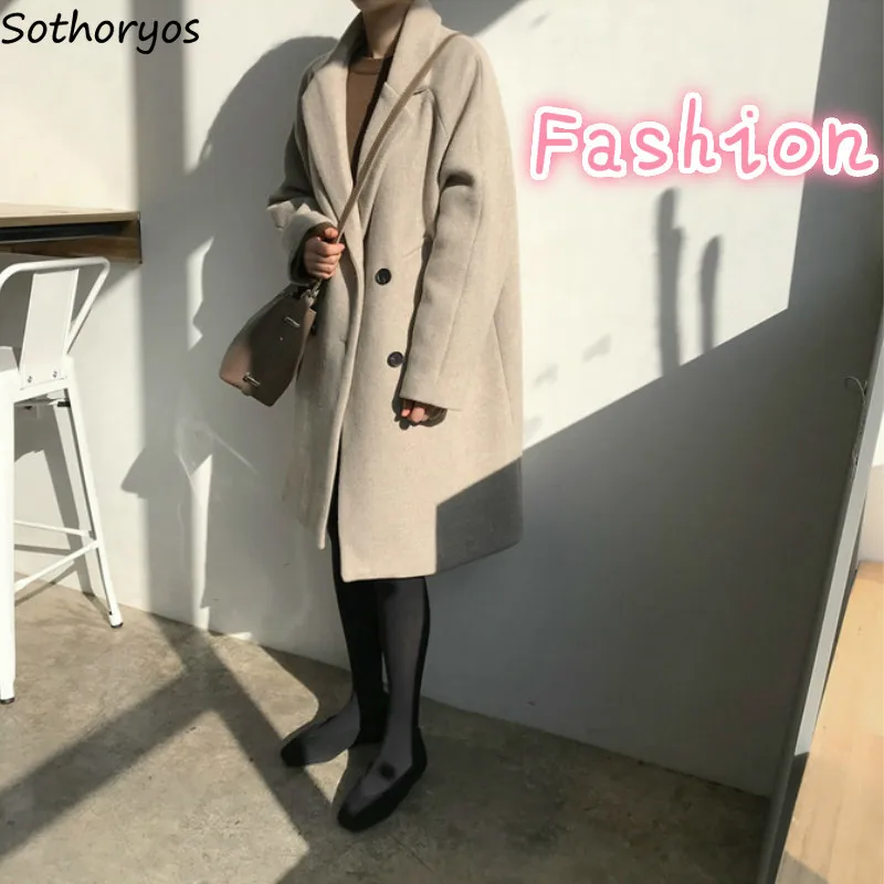 

Wool Women Turn-Down Collar Solid Pocket Double Breasted Womens Elegant Ulzzang Fashion Casual Outwear All-match Simple Loose