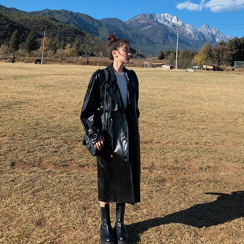 

Brand Pop Fashion Oversize Black PU Leather Trench Coat for Lady Double-Breasted Long with Belt Women Duster Coat Spring Autumn