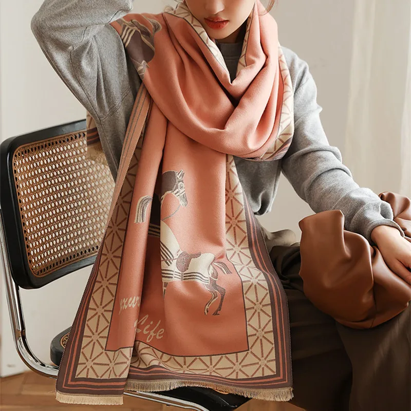 New Woman Fashion European And American Style Horse Pattern Printing Cashmere Shawl Multifunction Warm Scarf Gift