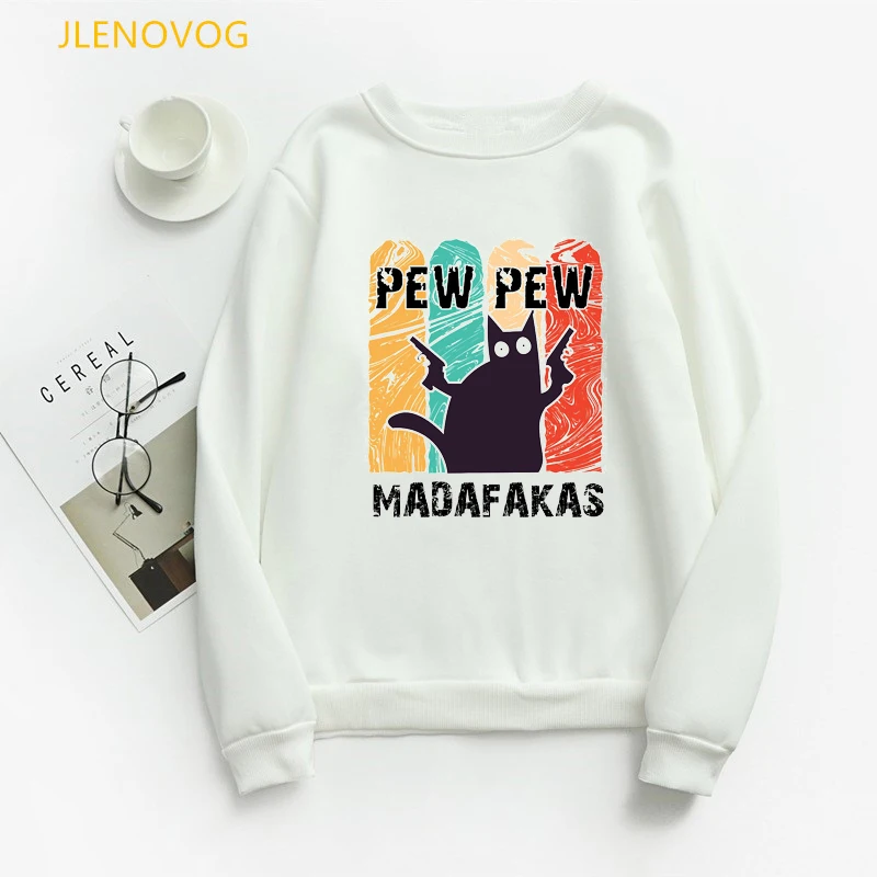 Black Cat With Gun Graphic Print Hoodies Women Autumn Winter Clothes Pew Pew Madafakas Sweatshirt Femme Funny Sudadera Mujer