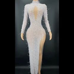 Sparkly Rhinestones Mesh Transparent Long Dress Women Party Prom Birthday Wedding Gown Party Dress Nightclub Show Stage Wear