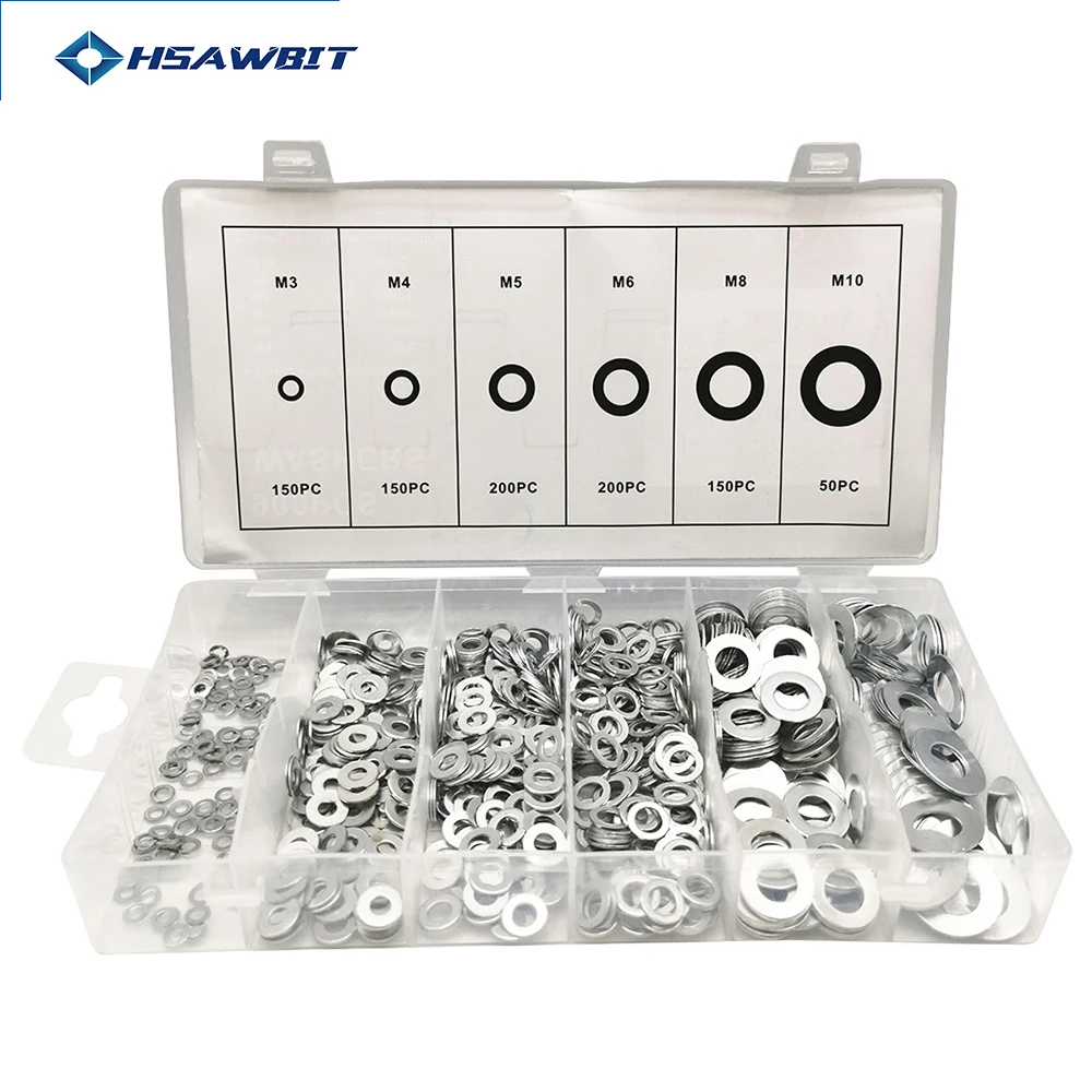 

900Pcs M3 M4 M5 M6 M8 M10 Flat Ring Seal Kit O Ring Set Washer Steel Flat Washers A3 Steel Plain Washers with Plastic Box