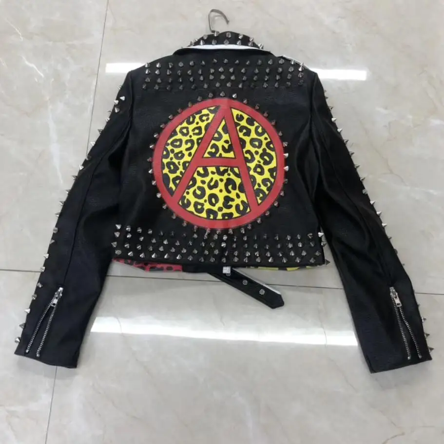 Rivet beading soft pu leather coats Women cartoon Graffiti Leather Jacket Punk Rock Cropped Jackets faux leather Outerwear F2193