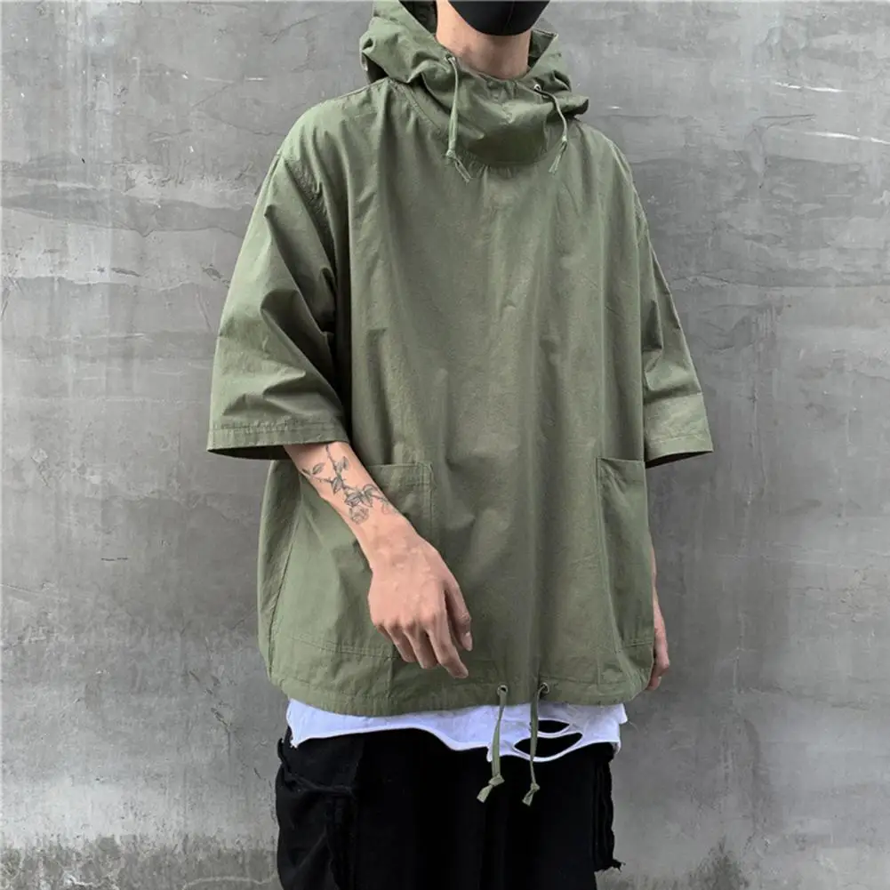 Dropshipping!! New Men\'s Pullover Hooded Half Sleeve Top Soft Big Pocket Loose T-shirt for Everyday