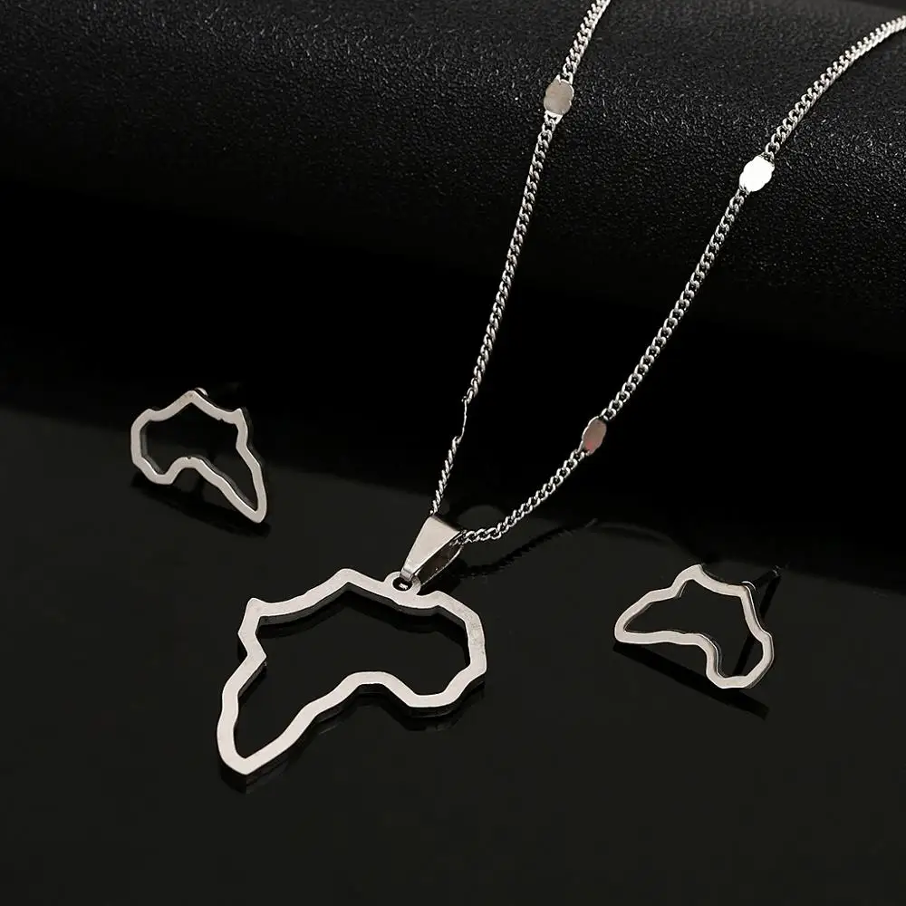 Stainless Steel African Outline Map Necklace Stud Earrings Africa Map Jewelry Sets