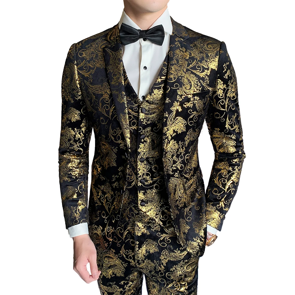 

( Jacket + Vest + Pant ) New Boutique Fashion Hot Stamping Mens Casual Business Suit Groom Wedding Dress Stage Suit 3 Pcs Set