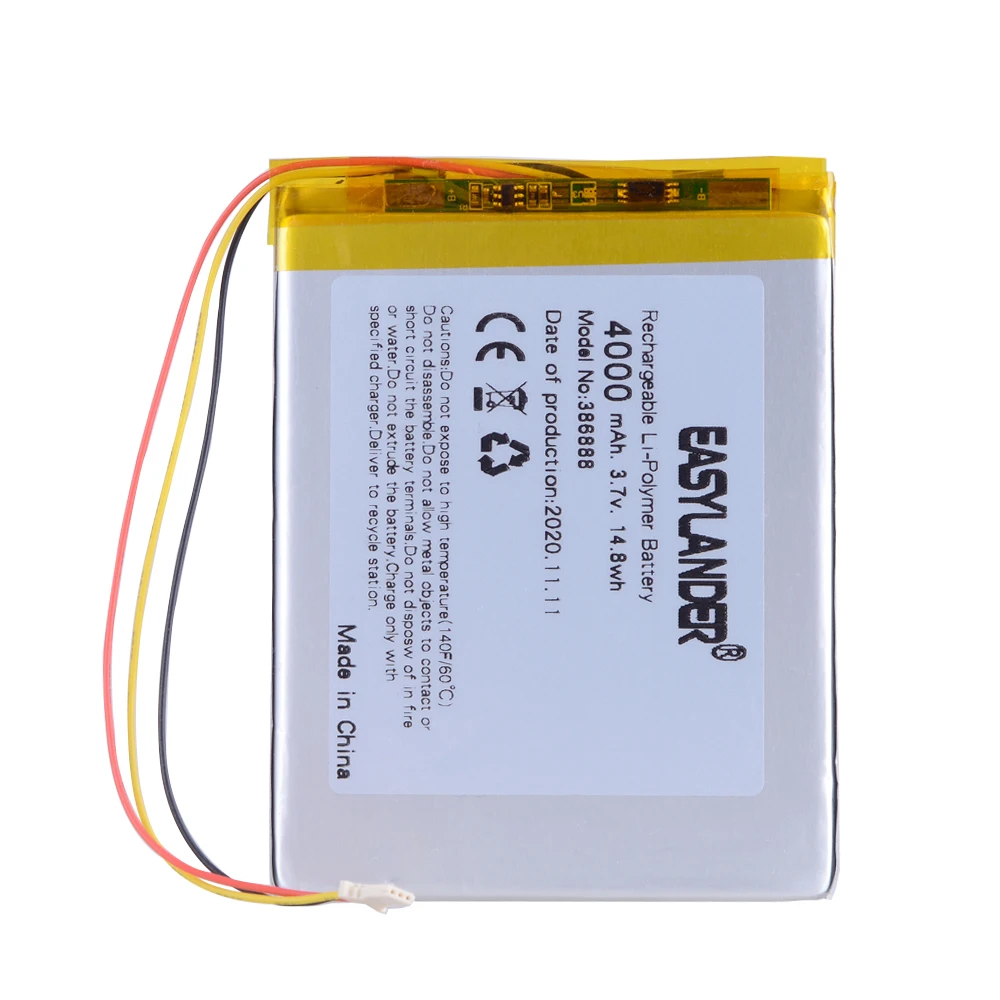 3Wires 386888 3.7V 4000MAH Polymer Li-ion Battery Ror Onyx Book Ceasar 2 DARWIN 3/4/5/6 E-BOOK Vasco De Gama PH386888PL