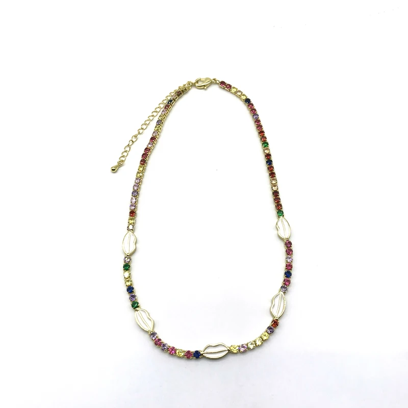 5pcs/lot New Arrival Tennis Chain Chocker Rainbow CZ With Enamel Lips Shape Women Necklace