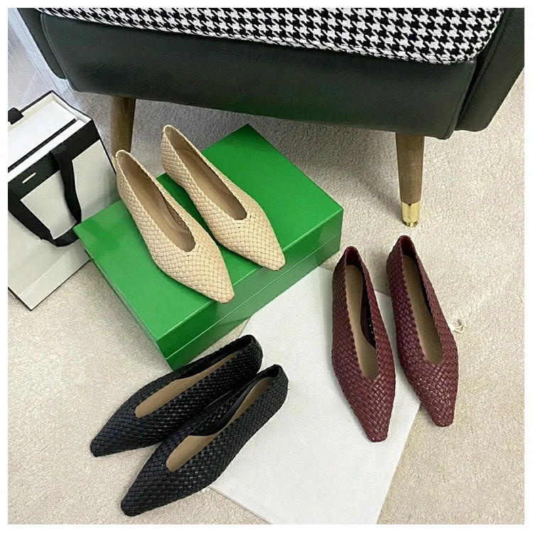 C350 New 2024 Spring Summer Knitted Flat Shoe Cow Leather Women Leisure Flats Comfortable Ladies Pointed Toe V Design Lady Shoes