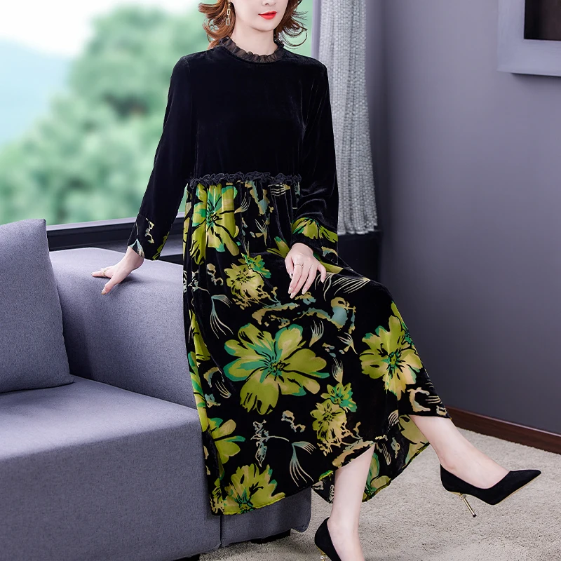 

Black Velvet Patchwork Natural Silk Midi Dress Spring Autumn Fashion Floral Casual Dress 2024 New Women Elegant Bodycon Vestido