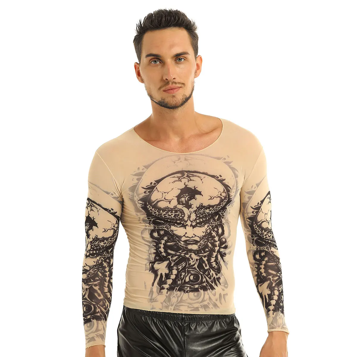 YiZYiF Fashion Mens Stretchy See Through Fake Tattoo Design T Shirt Top Long Sleeve O-Neck T-Shirt for Men's Halloween Party