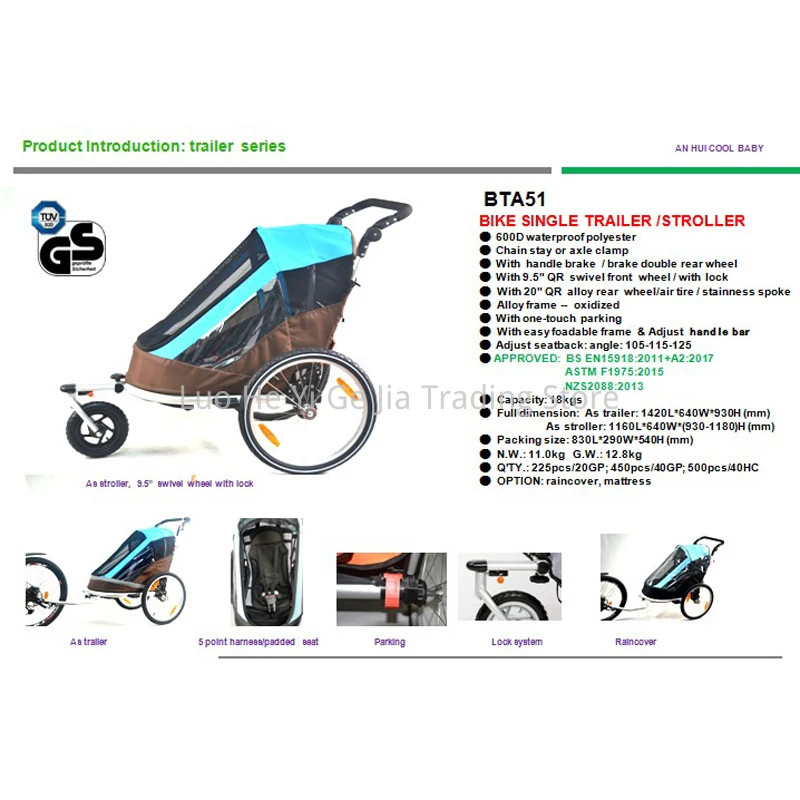 Bike Trailer with 20-Inch Inflatable Wheel, Multisport Trailer Baby Stroller/Jogger with Adjustable Handle