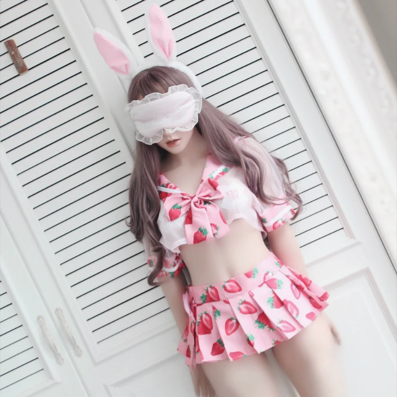 

Anime Cute Sailor Dress Lolita Strawberry Printed Cosplay Costume School Girl Uniform Sexy Kawaii Lingerie Set Exotic Apparel