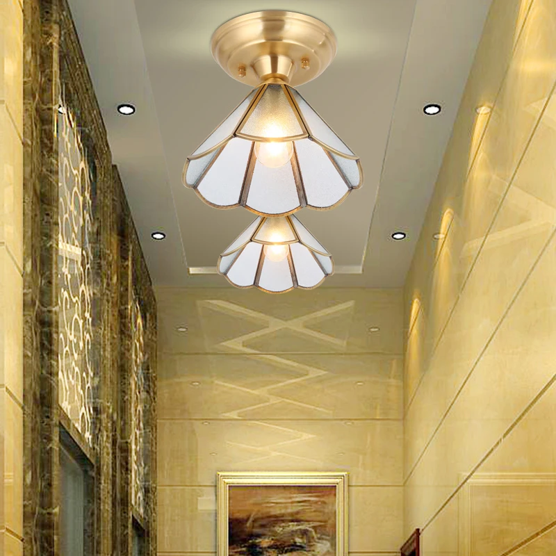 

American All Copper Corridor Aisle Ceiling Lights Modern Minimalist Home Entrance Luminaire Cloakroom Led Ceiling Lamps E27