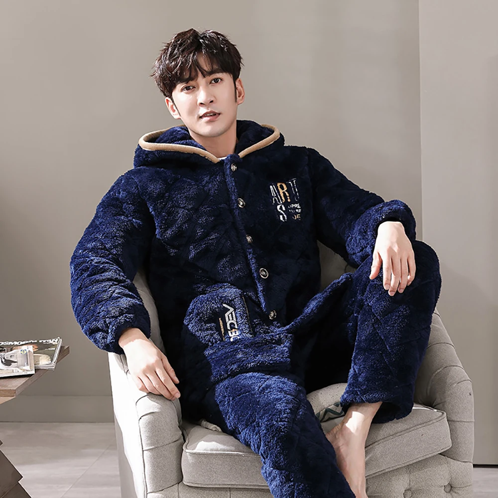 Men\'s Pajama Sets Winter Flannel Pajamas Trendyol Hooded Sleepwear Thick 3-layer Cotton Big Size Pajamas for Men Loose Home Wear