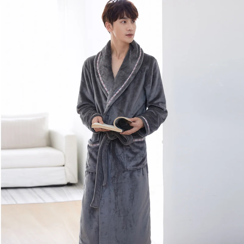 Winter Solid Men\'s Bathrobe Terry Female Casual Kimono House Blanket Gown Long Robes Thick Warm Sleepwear Nightgown Male L-3Xl