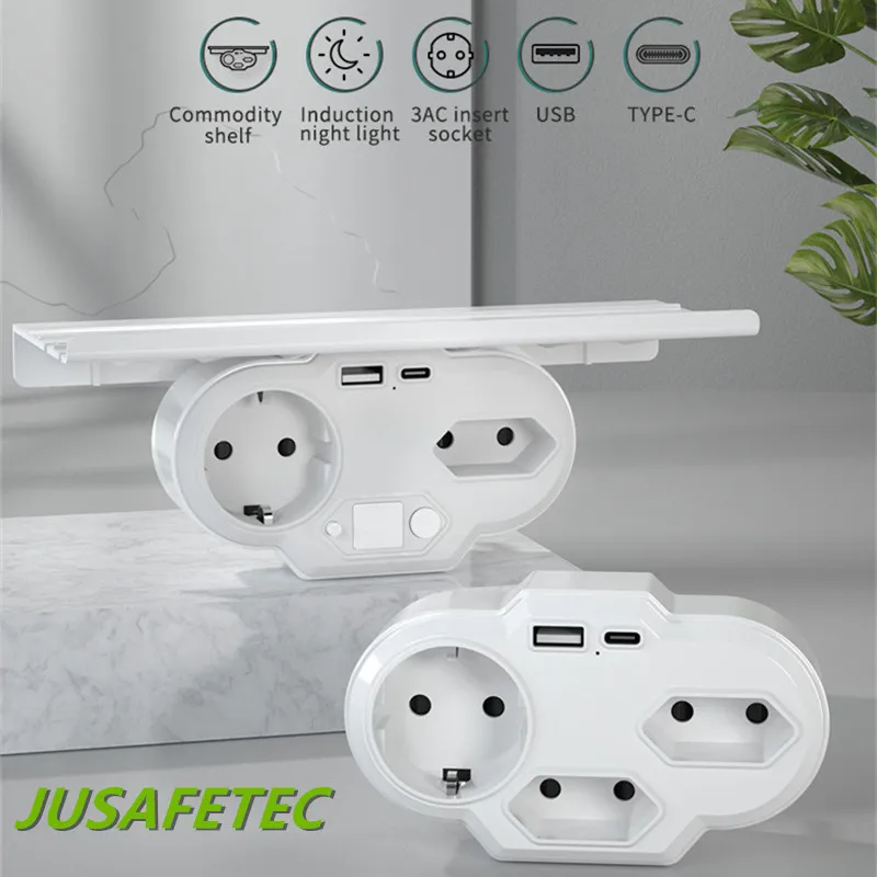 Multi-purpose Socket With Shelving EU Socket Wall Plug One Turn Multi-socket Expansion Wall Socket Night Light Micro USB Charge