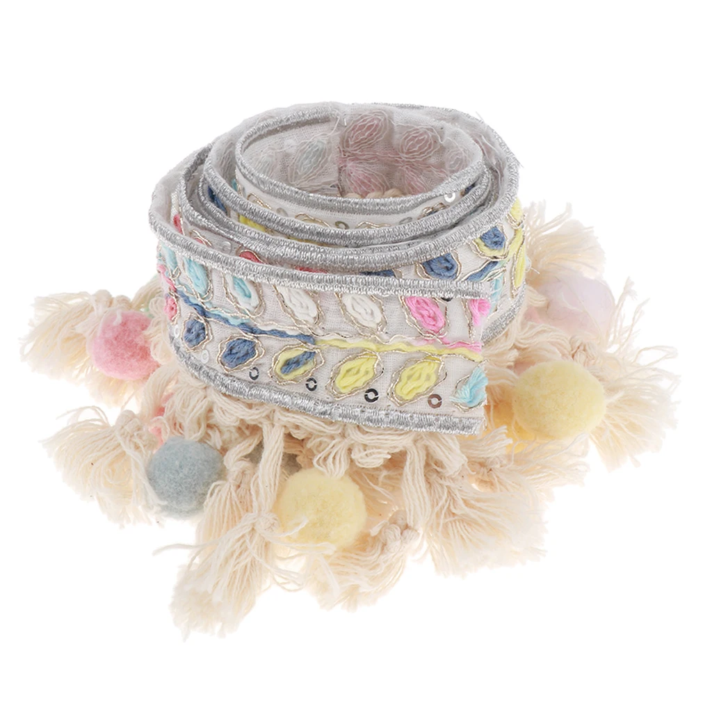 1 Yard Ethnic Style Ball Fringed Lace Jacquard Ribbon with Pompom Ball Trim for Pillow Curtain Hats Doll Hand Bags Embellishment