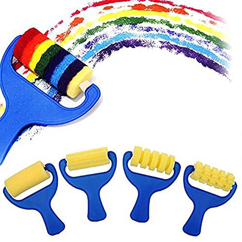 4 pezzi pennello rullo spugna e 5 pezzi pennelli spugna giocattoli manico in legno sigillo spazzole spugna