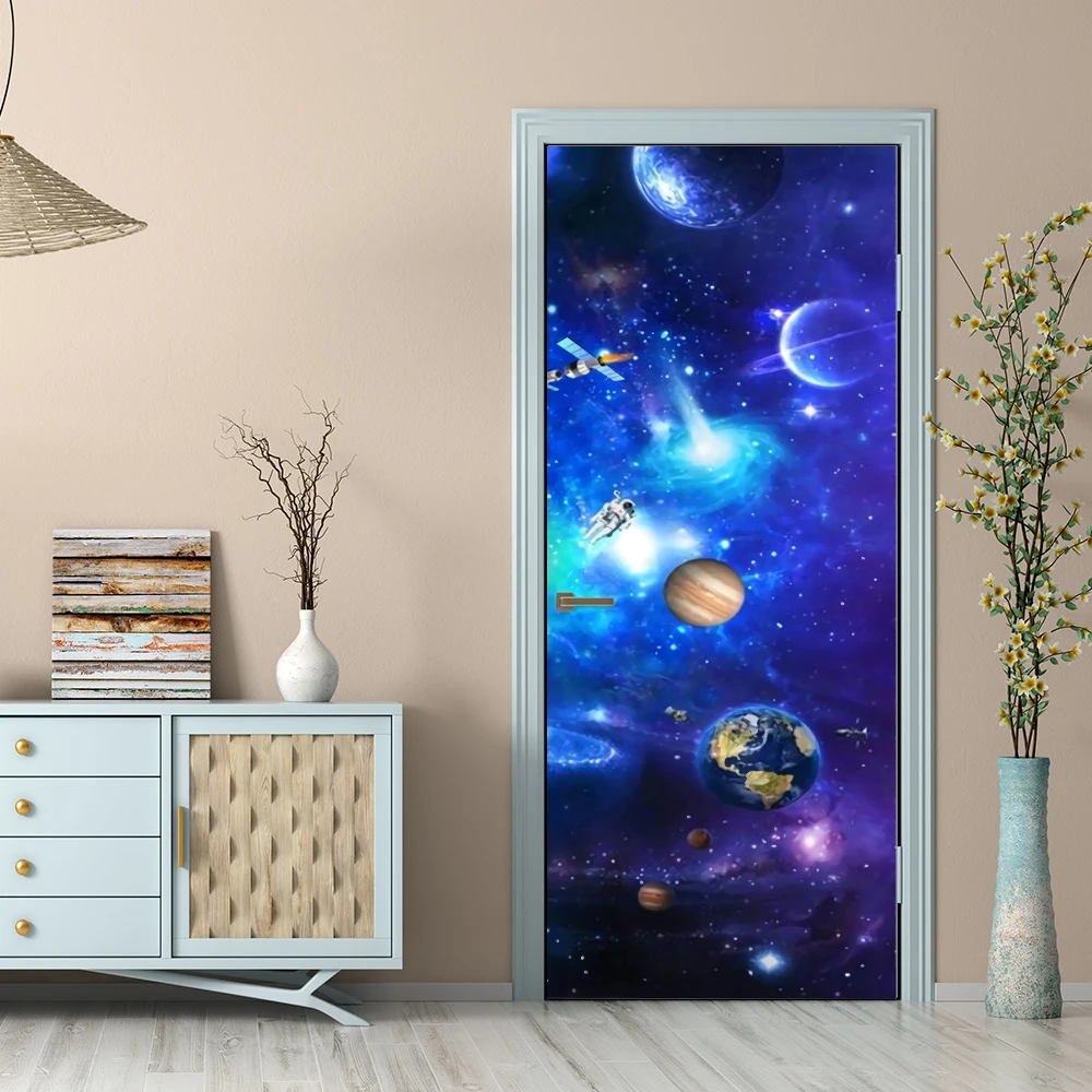 Adesivo de porta autoadesivo 3D Papel de parede de vinil Porta de madeira reformado pôster Paisagem Wine Cabinet Starry Sky adesivo de parede decalque de filme de capa Mural personalizado para decoração de casa