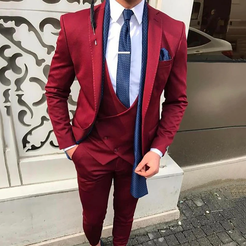 

Handsome Casual Burgundy Custom Made Wedding Suits For Men Groom Suit 3 Piece Mens Suits 2021 Slim Fit Groomsmen Men's Tuxedos