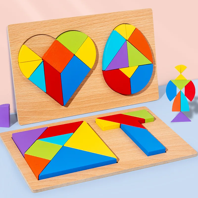 3D Wooden Puzzles Heart Egg Tangram Geometric Shape Kids Cognitive DIY Jigsaw Early Learning Educational Toys