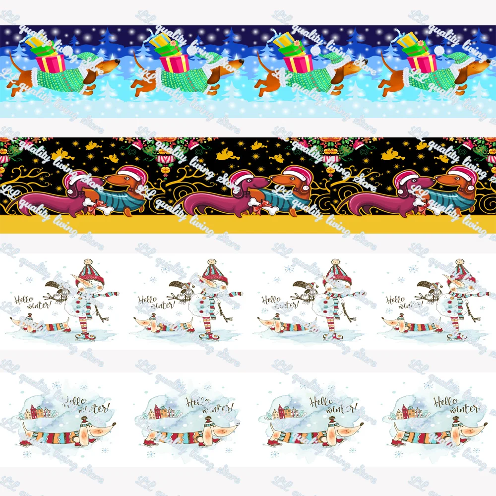 

WL 1‘’Christmas Dachshund Dog Print Grosgrain Ribbon Diy Suitable for Hair Bow Party Decoration Gift Packaging Animal Collar