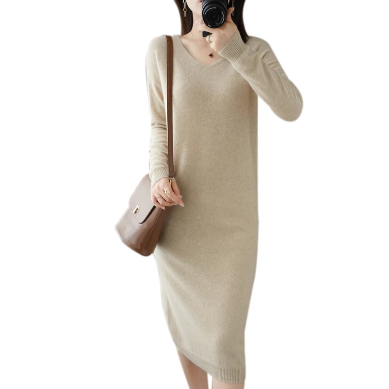 Women\'s 100% Merino Wool Knitting Dress, Female Loose Dresses, Full Sleeve Pullovers, Vneck, Winter, Autumn, Hot Sale