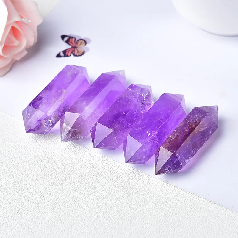 1PC Natural Amethyst Crystal Hexagonal Double Terminated Points Wand Meditation Reiki Healing Stone DIY Mineral Jewelry Gift