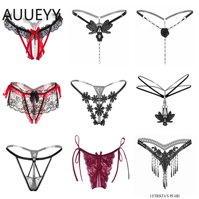 

Sexy open crotch Panties Female Underwear Lace Seamless Thongs Women's T Pants Sexy Pearl Erotic briefs Women Crotchless panties