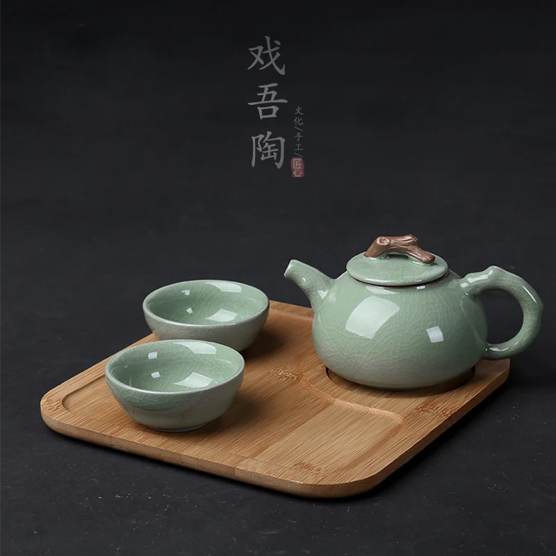 

Chinese kungfu teaware one pot two cups portable travel tea set bamboo plate Japanese ceramic handmade puer tea service