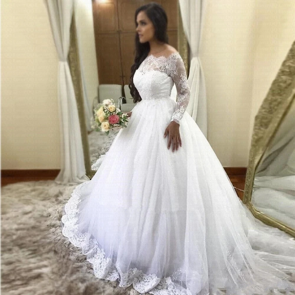 

Angelsbridep White Tulle Ball Gown Wedding Dress 2021 Lace Applique Off the Shoulder Sheer Neck Long Sleeves Saudi Arabic Bridal