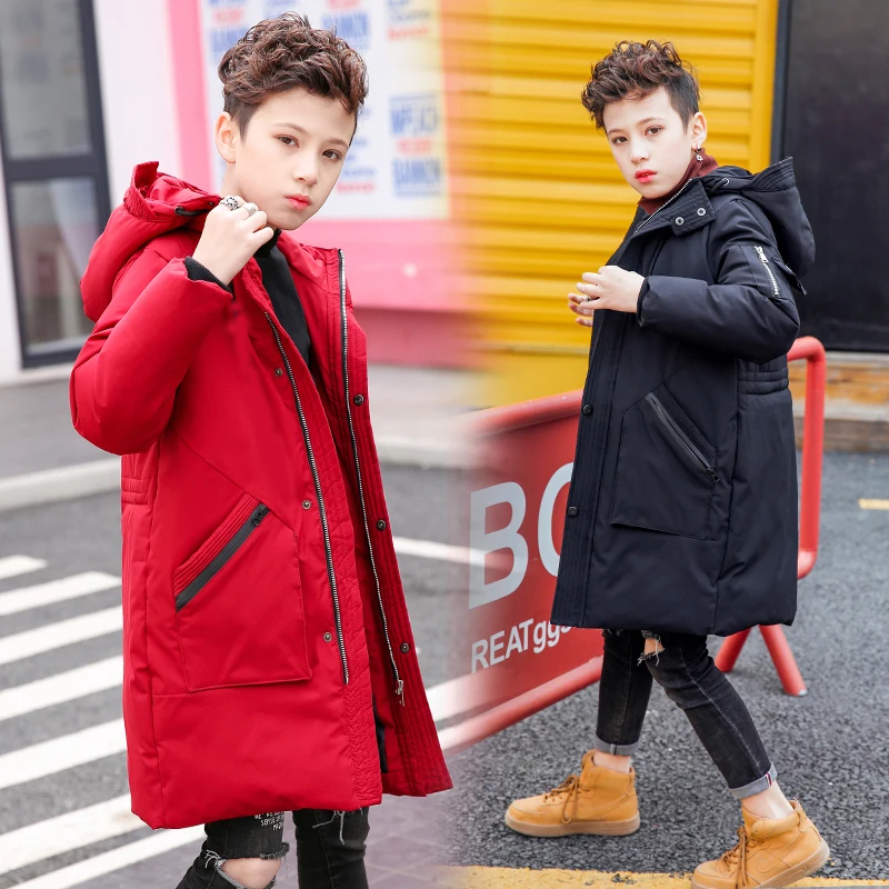 FYH New Kids Clothing Winter Boys Hooded Warm Down Coat Big Boys Long Parkas School Children Winter Jackets Thickening Outerwear