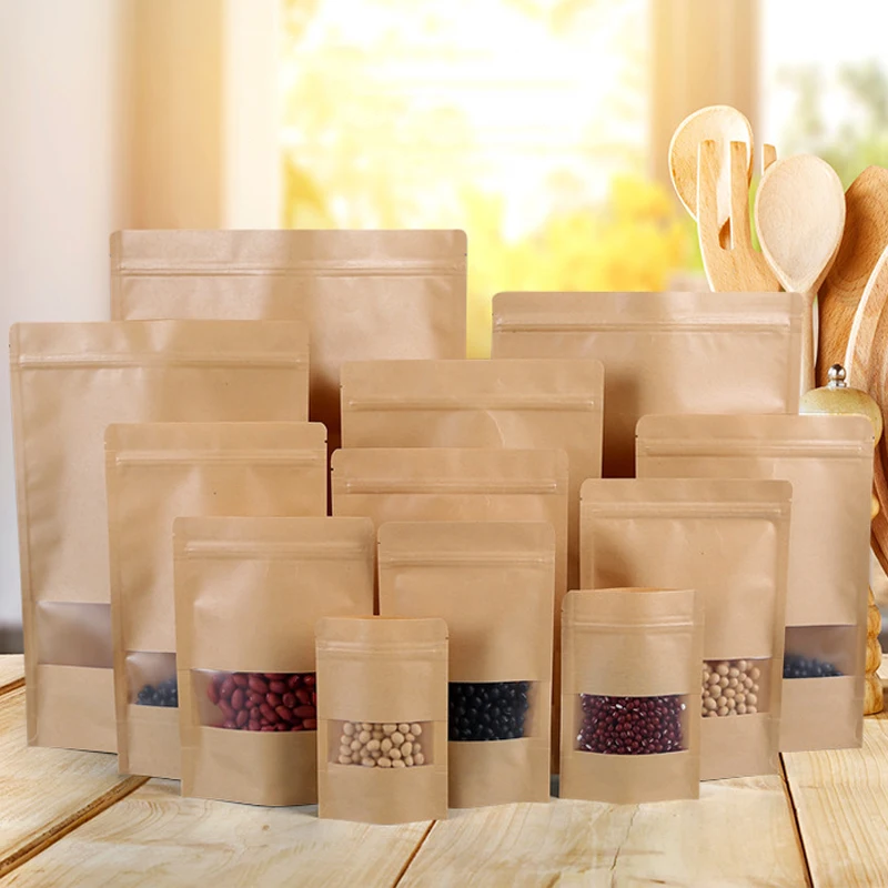 Kraft Paper Window Bag Stand Up Gift Nut Food Fruit Tea Packaging Pouches Zipper Self Sealing Bags Packing Zip Lock