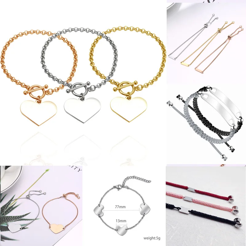 

10pcs stainless steel heart blank charm Strip personalized customization bracelet Christmas Gift