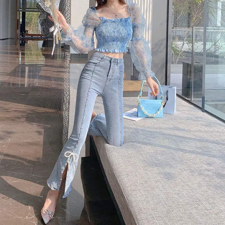 High Waist Jeans Female Xia Xianshou 2021 New Korean Fashion Xiangao Versatile Heavy Industry Split Pin Bead Flared Pants