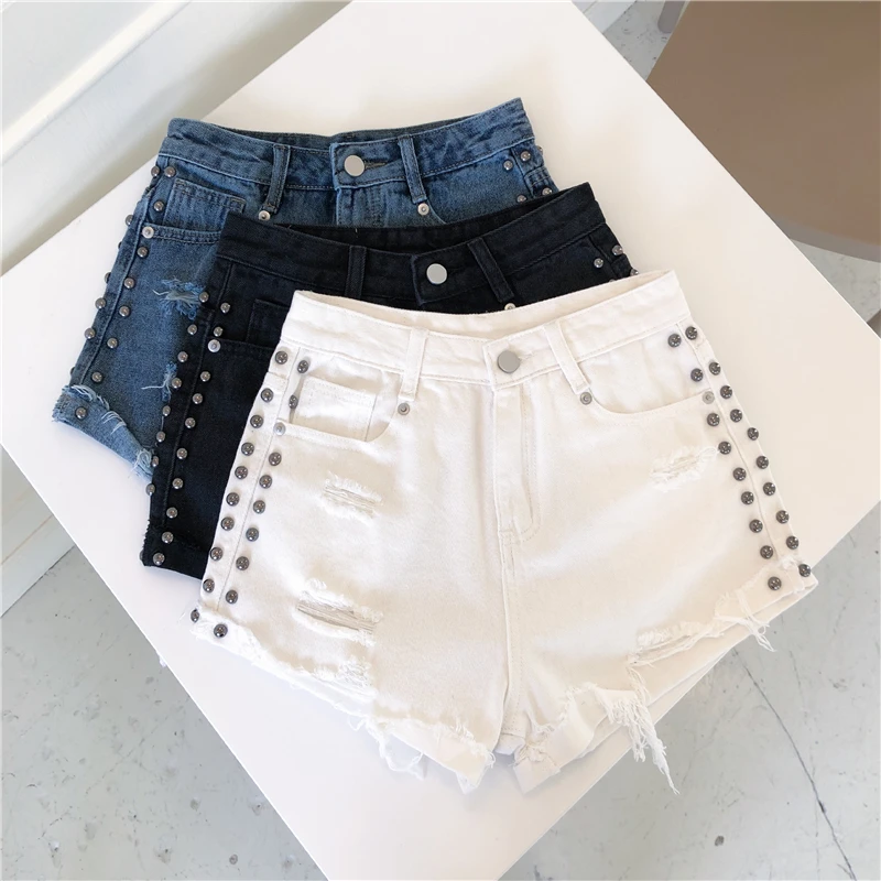 

summer hoel rivets denim shorts women high waist wide leg jeansh shorts