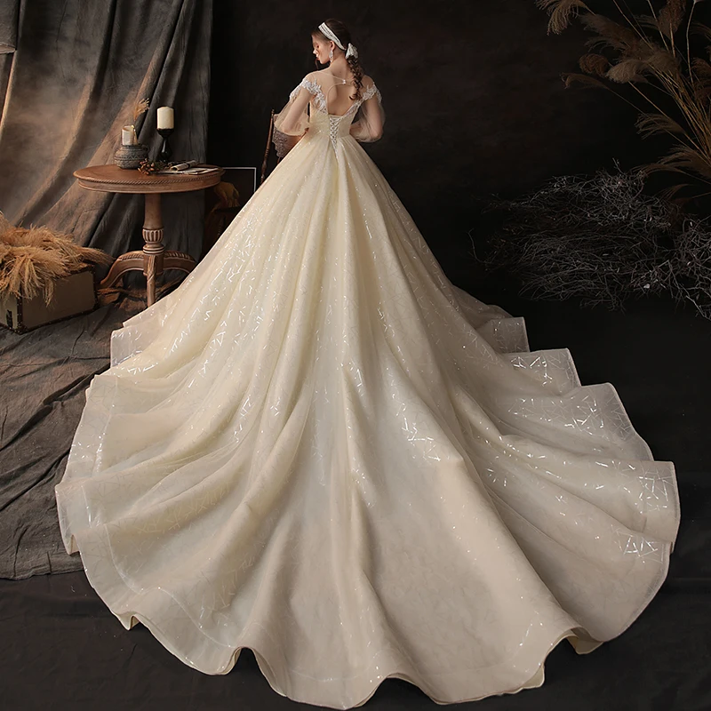 Abito da sposa o-collo Tulle stampa floreale ricamo maniche a sbuffo complete semplice elegante allacciatura abiti da sposa lunghi nuovi donne B035