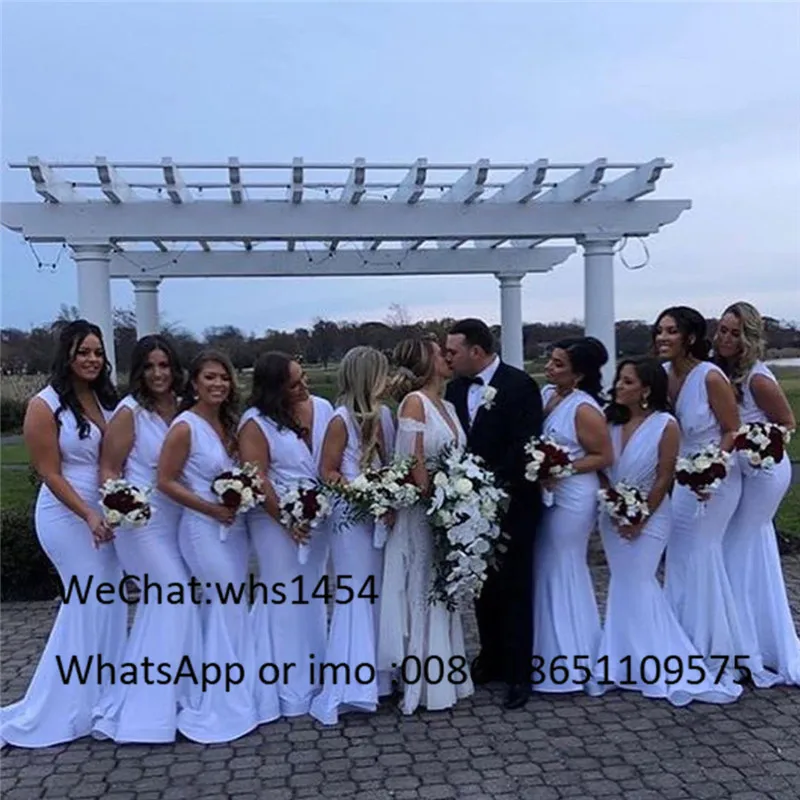 Elegant Deep V-neck Mermaid Bridesmaid Dresses Long Elegant Ruffled African Maid Of Honor Gown 2023 White Wedding Guest Dress