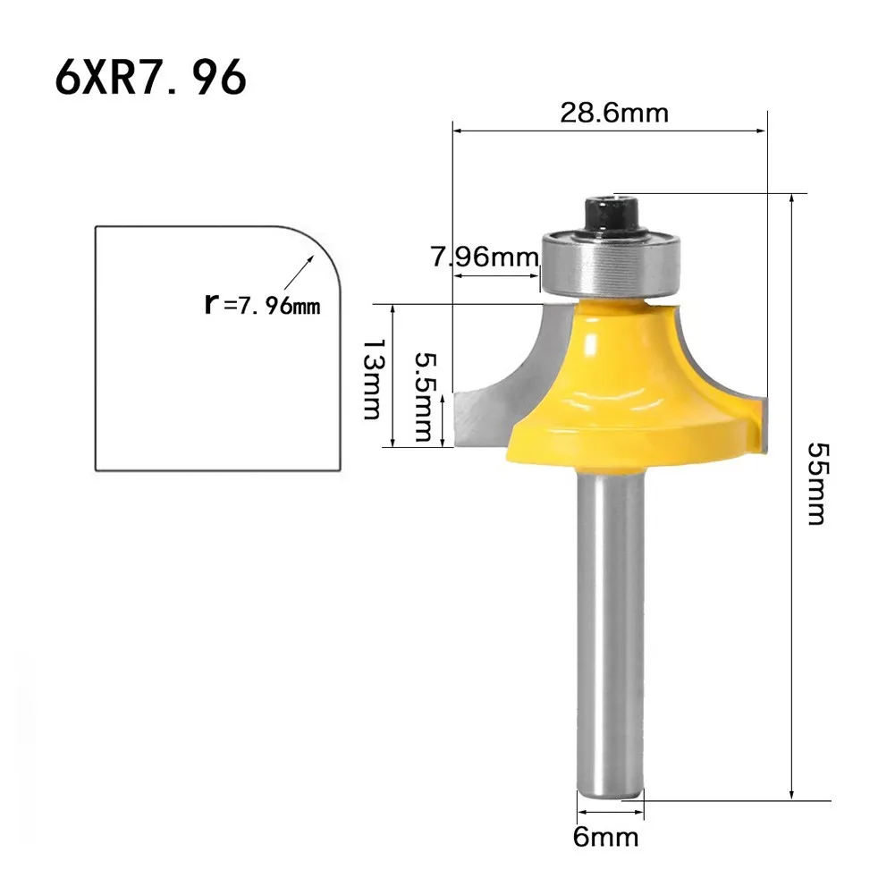 6mm Shank Corner Round Over Router Bit With Bearing Milling Cutter For Woodwork Carbide R3.17mm, R4.76mm, R6.35mm, R7.96