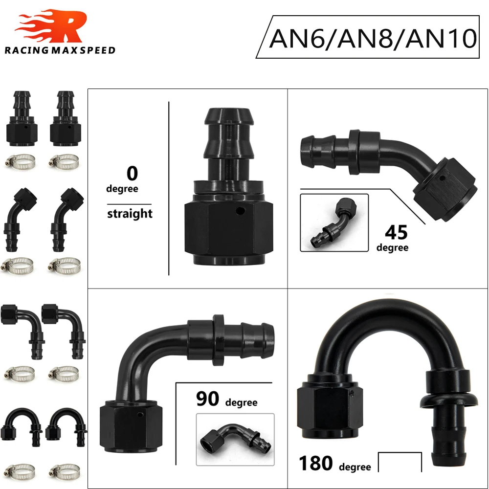 

Universal Black 2Pcs AN6/AN8/AN10 Push-On Hose End Fitting for Fuel, Oil Cooler, 45/90/180 Degree Reusable Oil Hose Connection