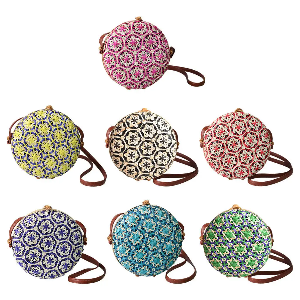 Stylish Round Woven Shoulder Bags Bamboo Woven Handwoven Shoulder Pack Womens Adjustable Shoulder Strap Traveling