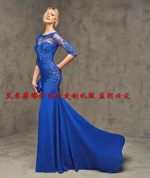 

sexy boat neck sleeves lace long 2025 vestido de festa floor-length mermaid Formal Evening prom gown mother of the bride dresses