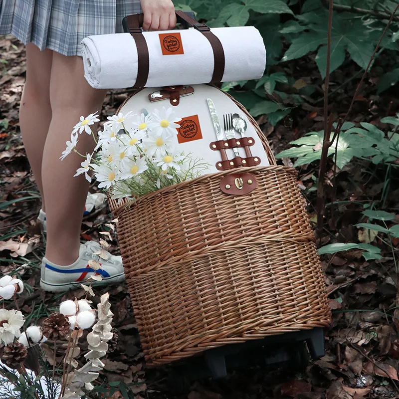 

Rattan Picnic Basket Wicker Weaving Trolley Case Outdoor Travel Camping Outing Food Storage Home Creativity Box