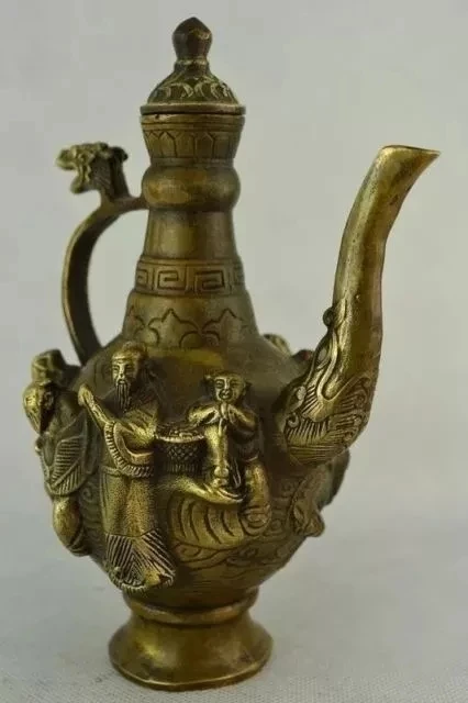 6.75 بوصة / إبريق شاي من النحاس الصيني القديم المنحوت يدويًا بثمانية إبريق شاي تنين خالد