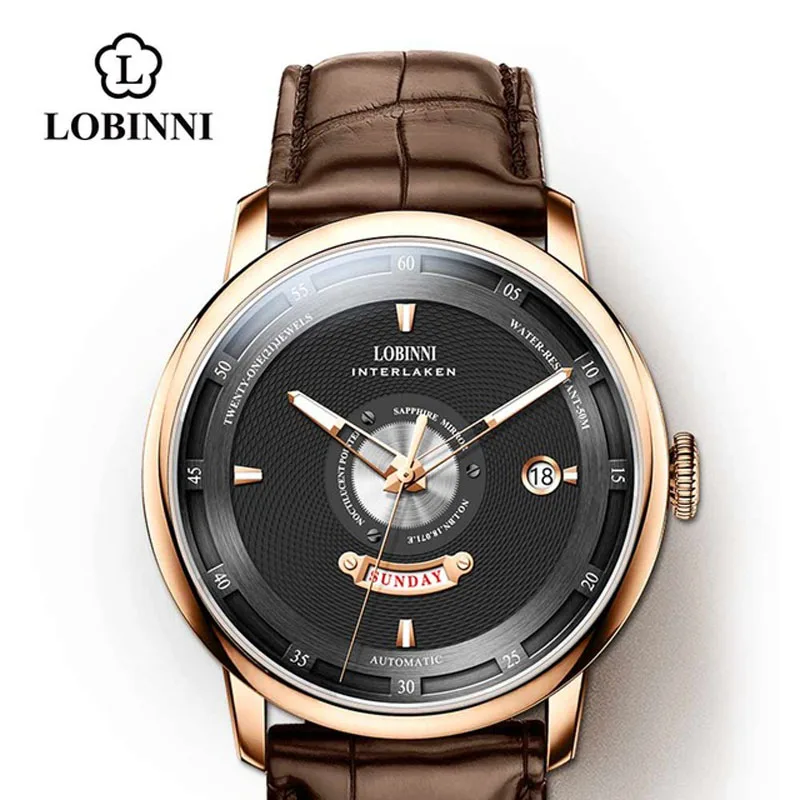 Reloj Mecánico LOBINNI de marca de lujo para hombre, reloj de pulsera automático resistente al agua con cristal de zafiro a la moda para hombre, reloj de pulsera con indicador de fecha y semana